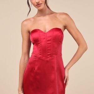 Lulus Sexy Perfection Wine Red Satin Strapless Bustier Mini Dress - Size L